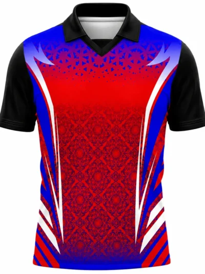 Red blue tribal flame custom cricket shirt front view with team name, player name and number printing