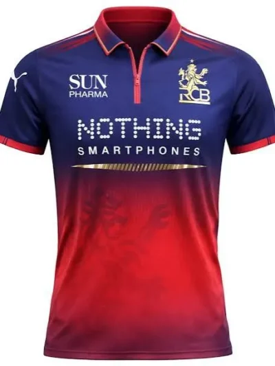 Royal Challengers Bengaluru RCB blue and red gradient IPL jersey front view with lion crest