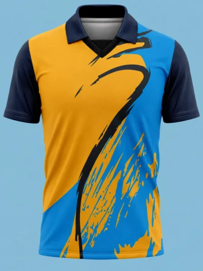 Sky Blue Yellow Splash custom cricket shirt front view with player name and number 10