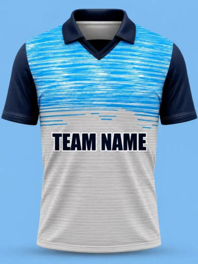 Sky blue grey streak custom cricket shirt front view with team name