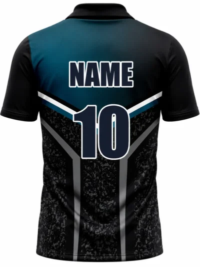 Teal black digital camo custom cricket shirt back view with team name, player name and number printing