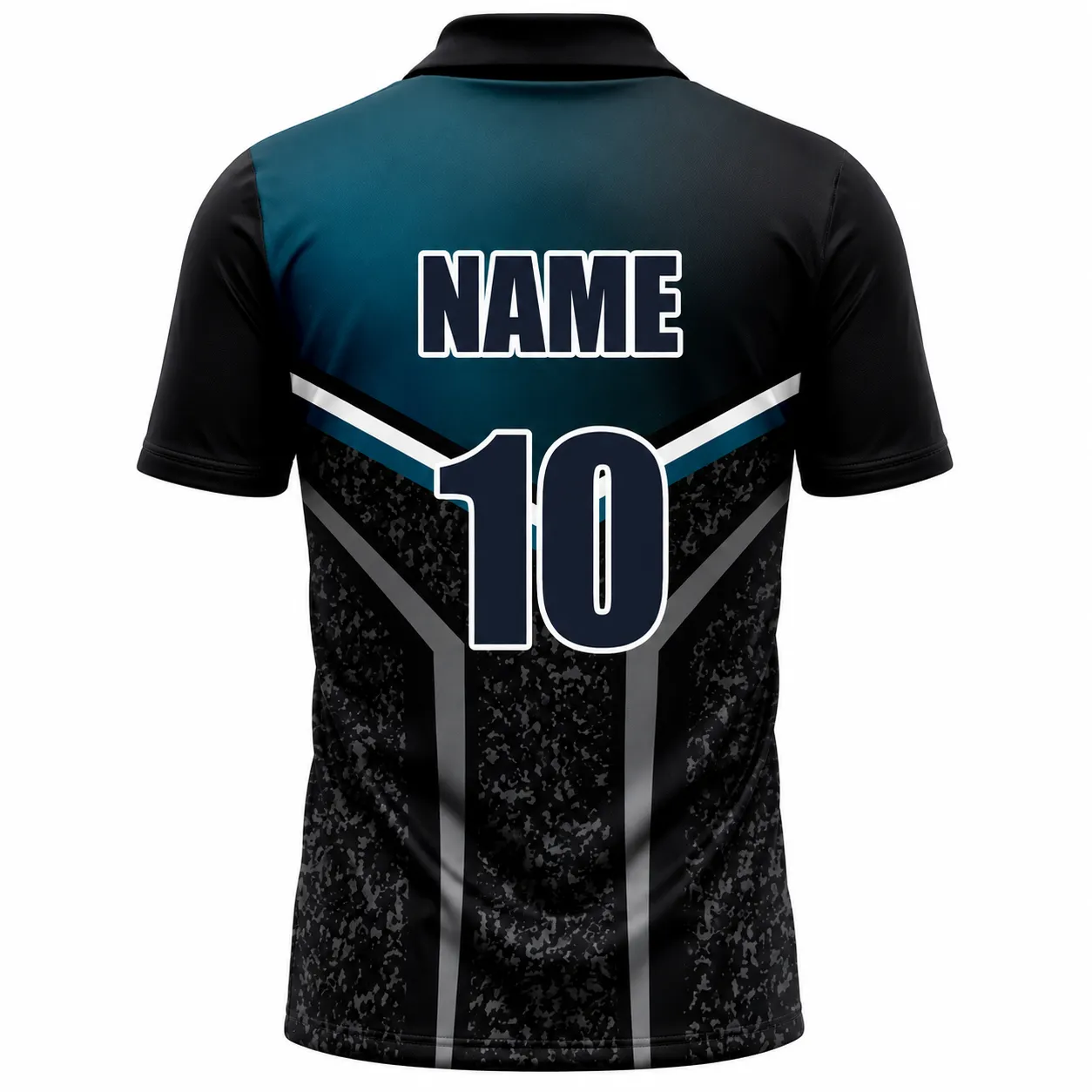 Teal black digital camo custom cricket shirt back view with team name, player name and number printing