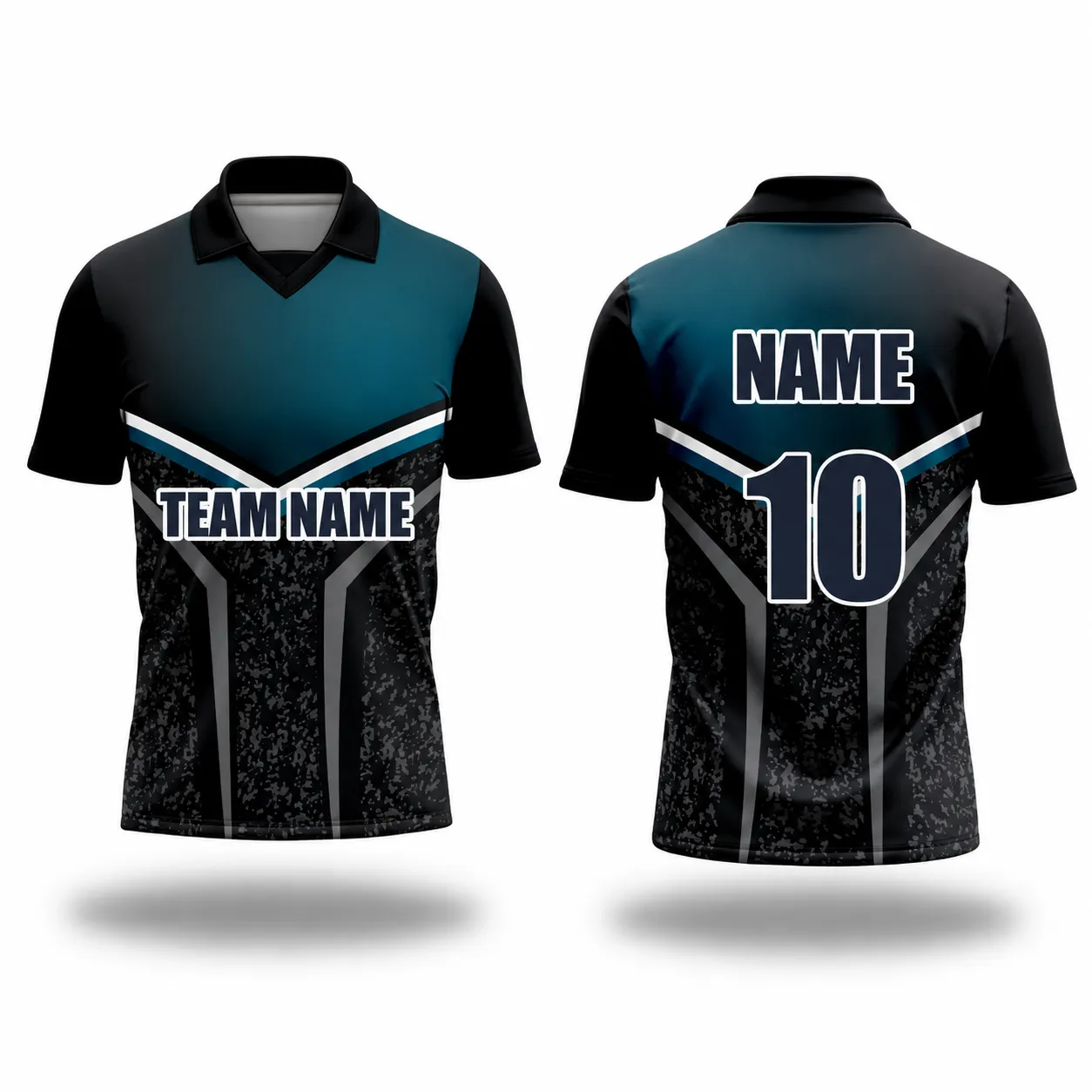 Teal black digital camo custom cricket shirt front and back view with team name, player name and number printing