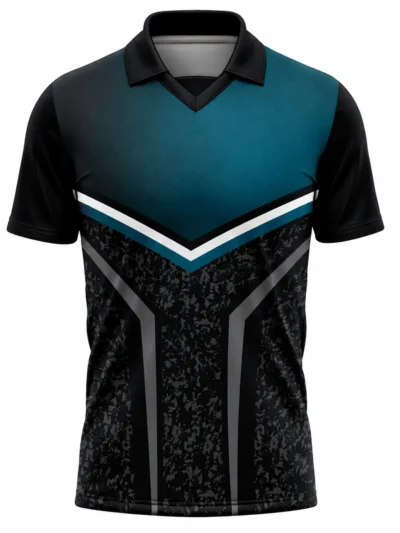 Teal black digital camo custom cricket shirt front view with team name, player name and number printing