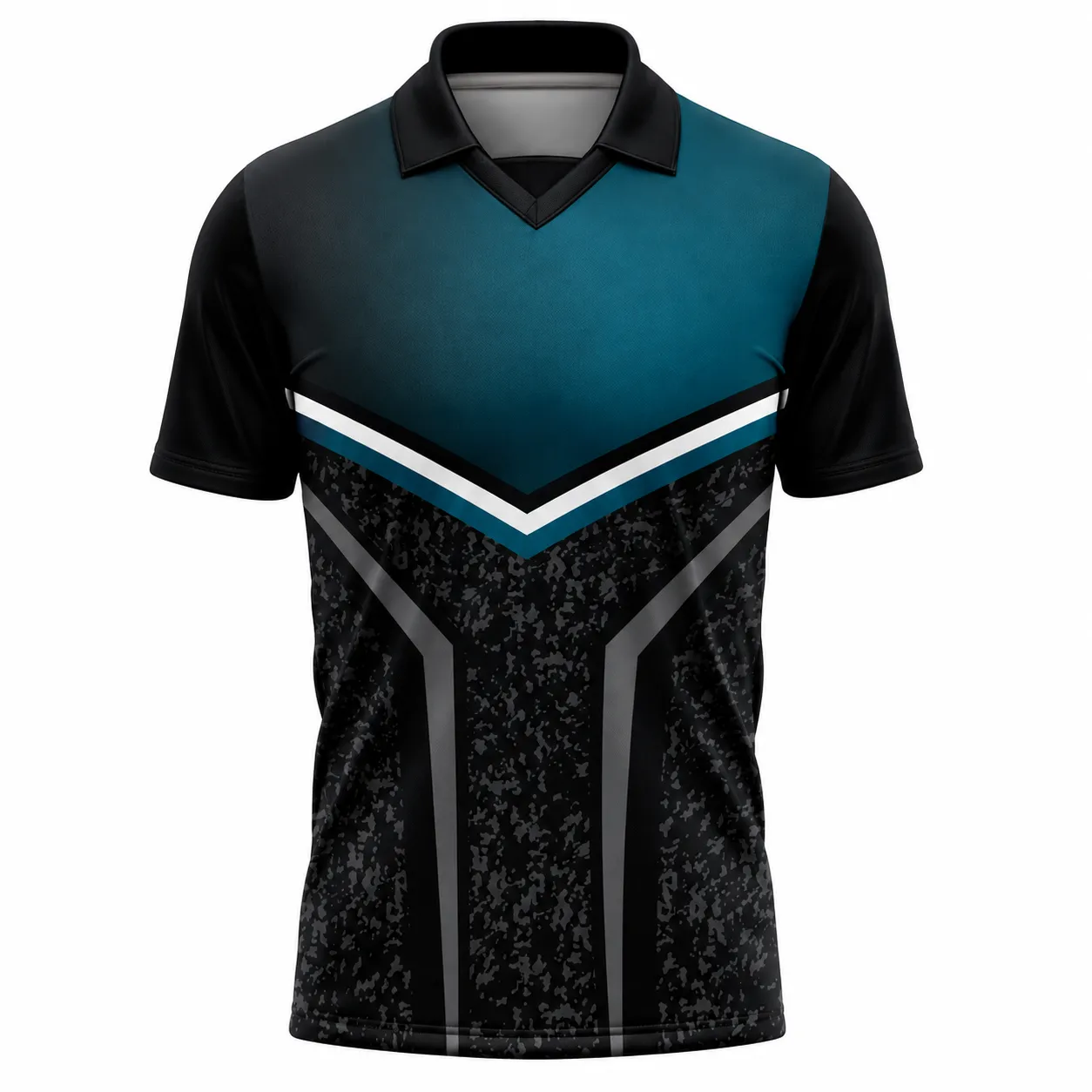 Teal black digital camo custom cricket shirt front view with team name, player name and number printing