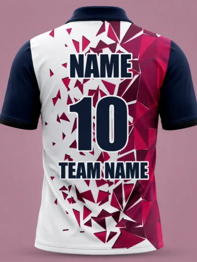 White maroon geometric shatter custom cricket shirt back view with team name