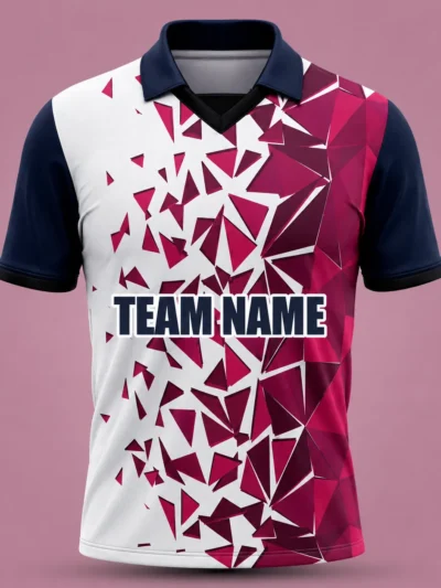 White maroon geometric shatter custom cricket shirt front view with team name