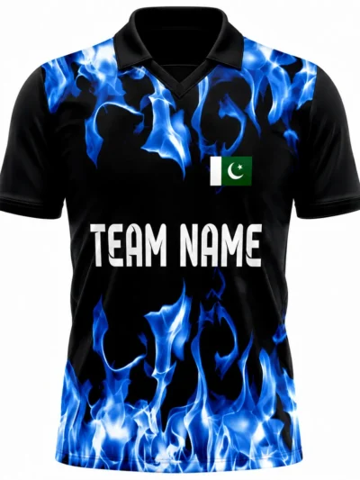 Black and blue fire flame custom cricket shirt with Pakistan flag and team name front view