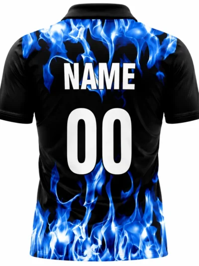 Black and blue fire flame custom cricket shirt with name and number back view