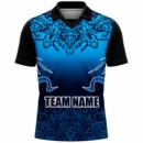 Blue damask floral custom cricket shirt with team name front view