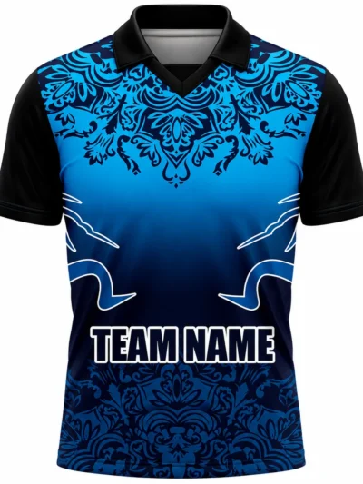 Blue damask floral custom cricket shirt with team name front view