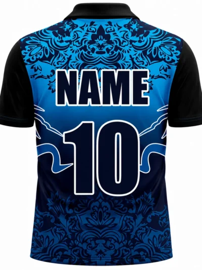 Blue damask floral custom cricket shirt with name and number back view