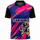 Blue pink and gold lion custom cricket shirt with team name front view