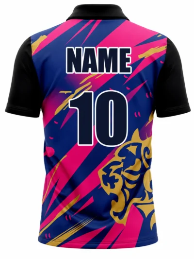 Blue pink and gold lion custom cricket shirt with name and number back view