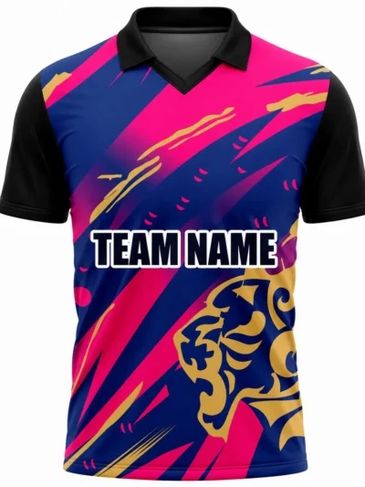 Blue pink and gold lion custom cricket shirt with team name front view