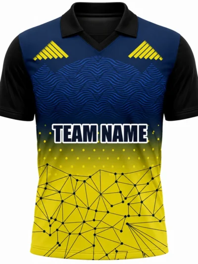 Navy and yellow geometric wave custom cricket shirt with team name front view