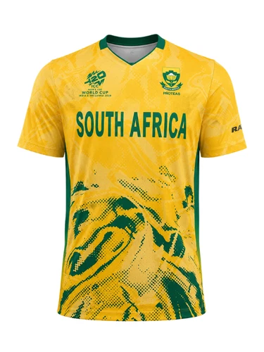 South Africa T20 World Cup Jersey official gold and green shirt front view