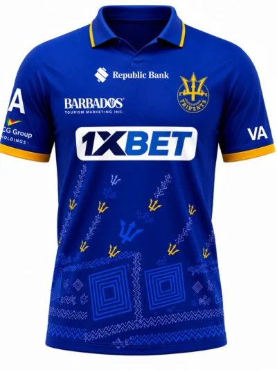 Barbados Tridents CPL royal blue cricket jersey front view with trident watermark graphics and yellow collar trim