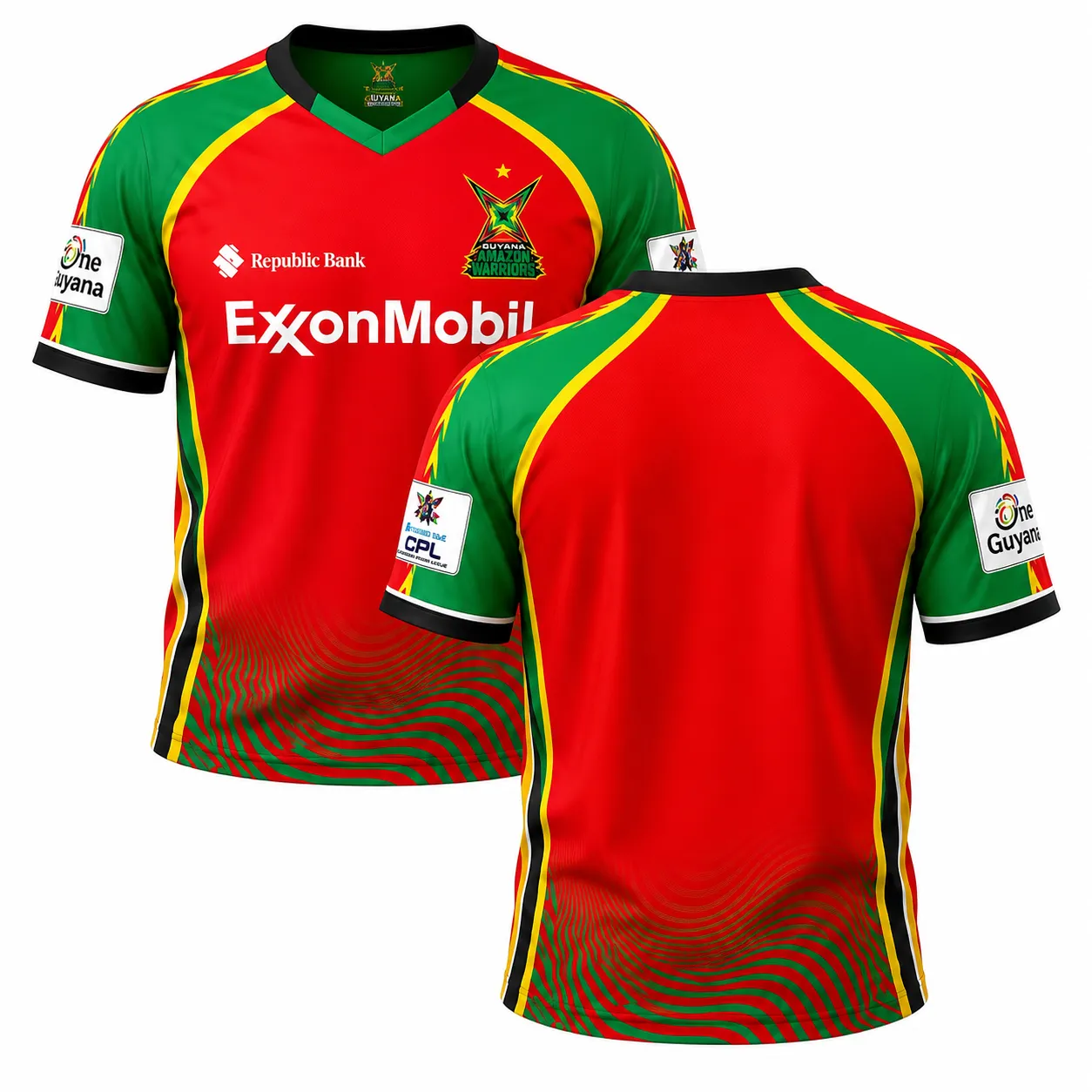 Guyana Amazon Warriors CPL red and green cricket jersey front and back view with yellow piping accents