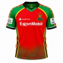 Guyana Amazon Warriors CPL red and green cricket jersey front view with yellow piping accents