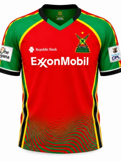 Guyana Amazon Warriors CPL red and green cricket jersey front view with yellow piping accents