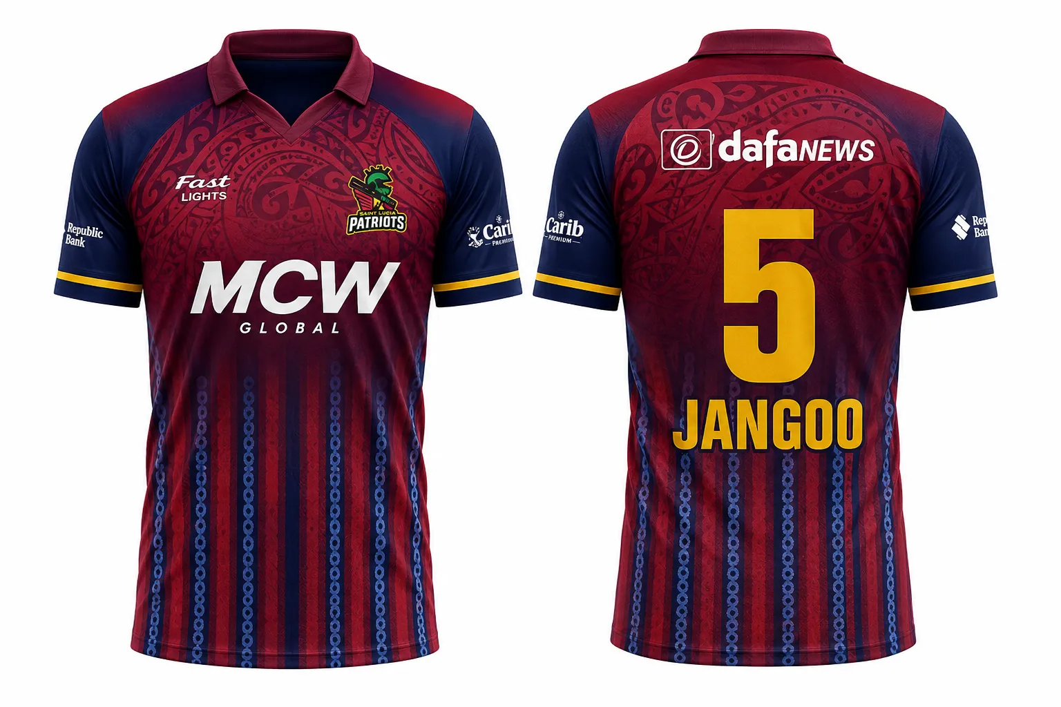 Saint Lucia CPL maroon and navy blue cricket jersey front and back view with intricate tribal pattern chest graphic and yellow sleeve cuff trim