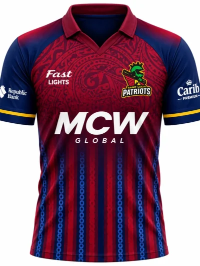 Saint Lucia CPL maroon and navy blue cricket jersey front view with intricate tribal pattern chest graphic and yellow sleeve cuff trim