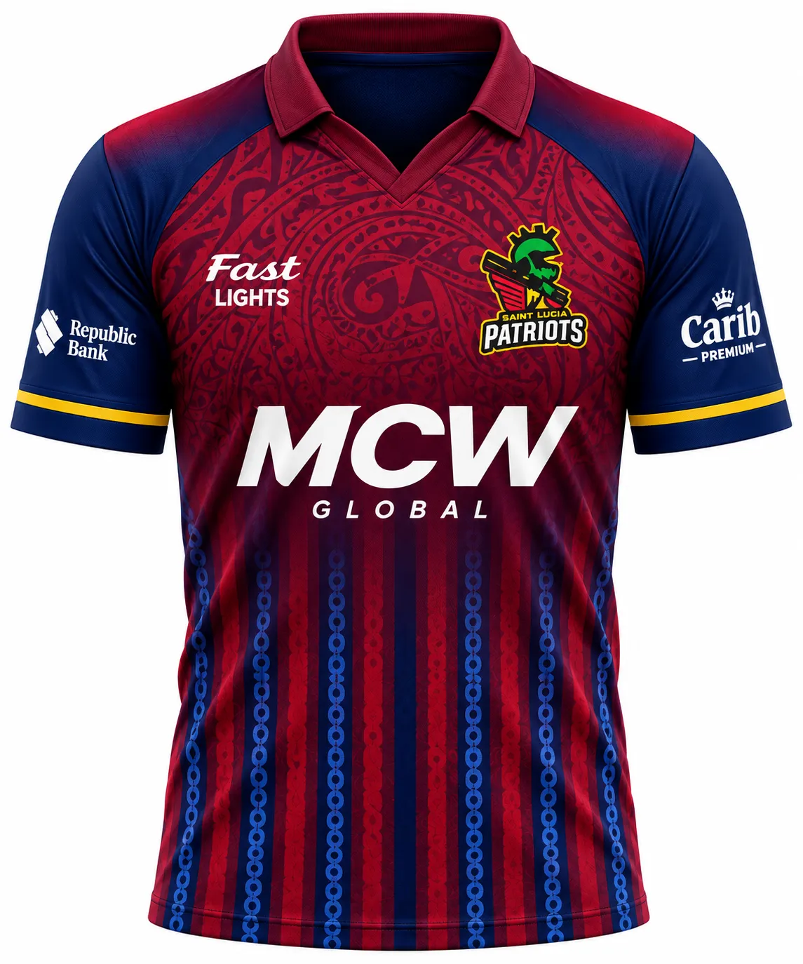 Saint Lucia CPL maroon and navy blue cricket jersey front view with intricate tribal pattern chest graphic and yellow sleeve cuff trim