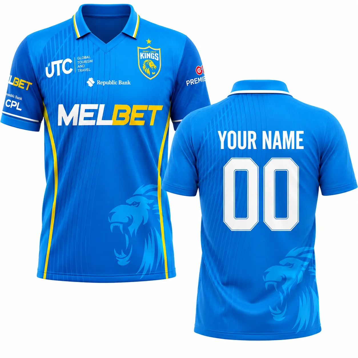Saint Lucia Kings CPL royal blue cricket jersey front and back view featuring roaring lion watermark and yellow piping accents