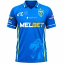 Saint Lucia Kings CPL royal blue cricket jersey front view featuring roaring lion watermark and yellow piping accents