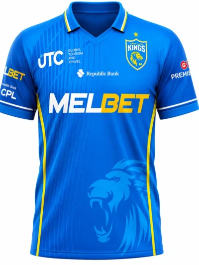 Saint Lucia Kings CPL royal blue cricket jersey front view featuring roaring lion watermark and yellow piping accents