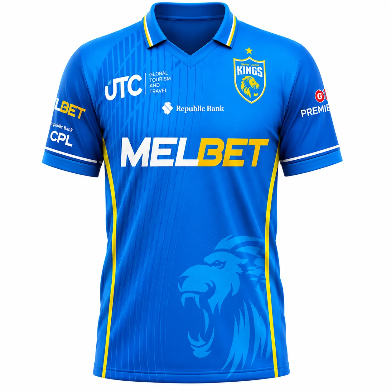 Saint Lucia Kings CPL royal blue cricket jersey front view featuring roaring lion watermark and yellow piping accents