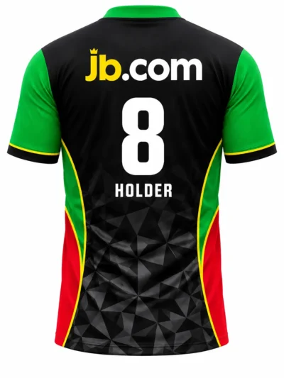 St Kitts and Nevis Patriots CPL black and green cricket jersey back view