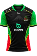 St Kitts and Nevis Patriots CPL black and green cricket jersey front view with mountain watermark and yellow piping accents