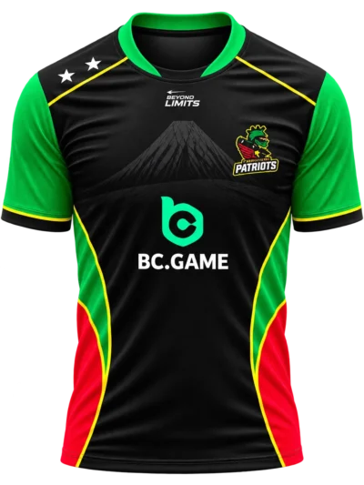St Kitts and Nevis Patriots CPL black and green cricket jersey front view with mountain watermark and yellow piping accents