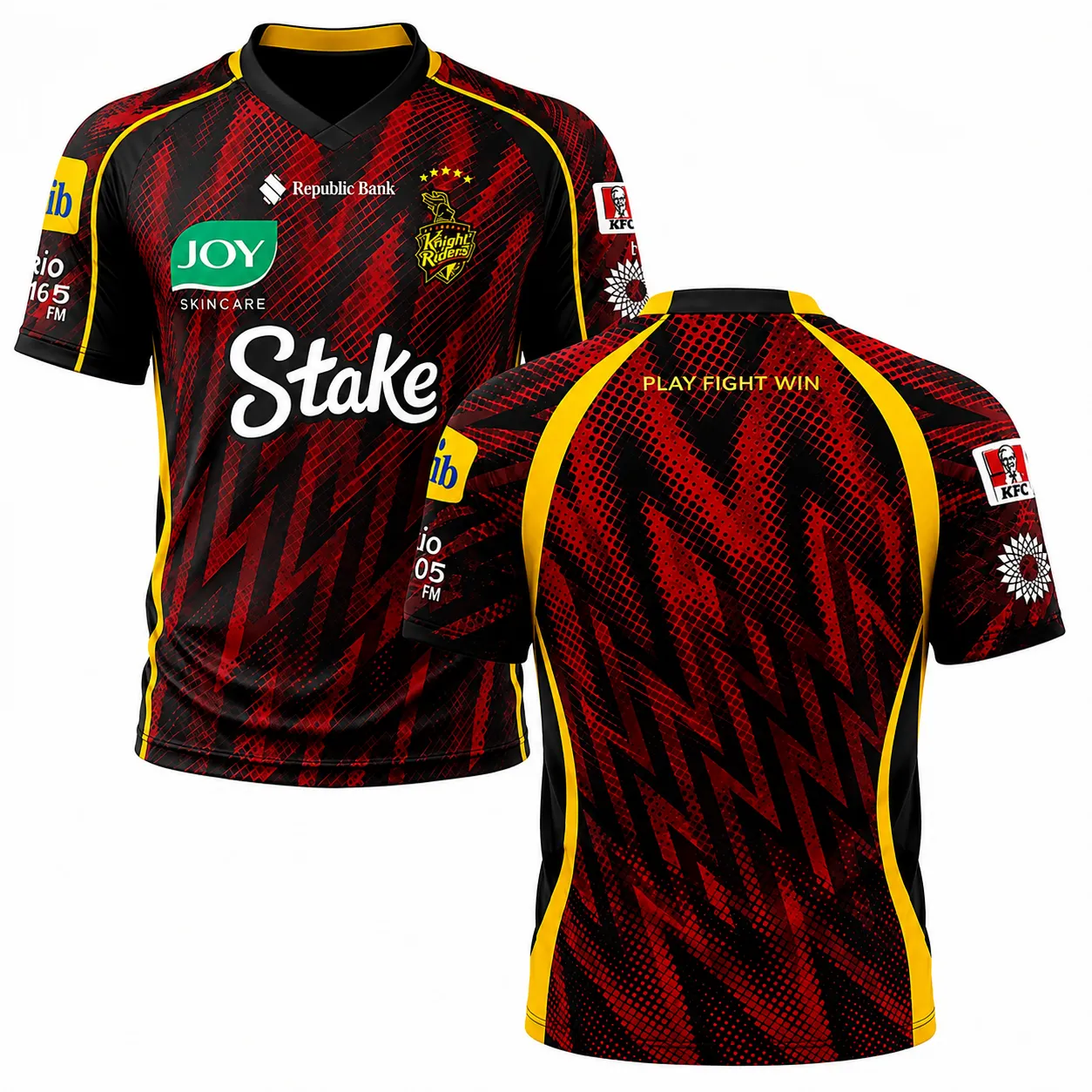 Trinbago Knight Riders CPL red and black cricket jersey front and back view with fiery grid pattern and gold piping