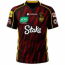 Trinbago Knight Riders CPL red and black cricket jersey front view with fiery grid pattern and gold piping