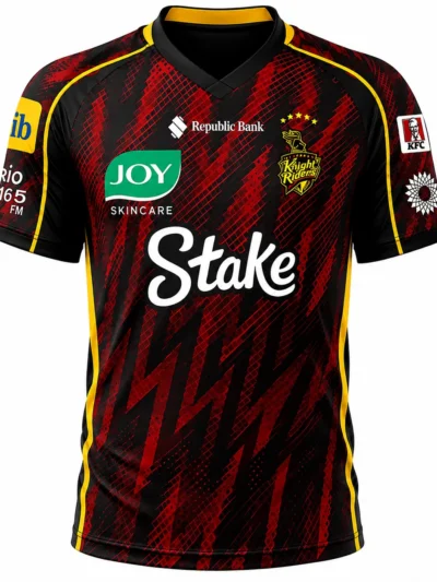 Trinbago Knight Riders CPL red and black cricket jersey front view with fiery grid pattern and gold piping