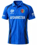 Afghanistan national cricket team blue polo jersey front view with dark side panels and ACB logo