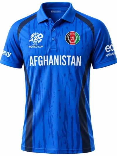 Afghanistan national cricket team blue polo jersey front view with dark side panels and ACB logo