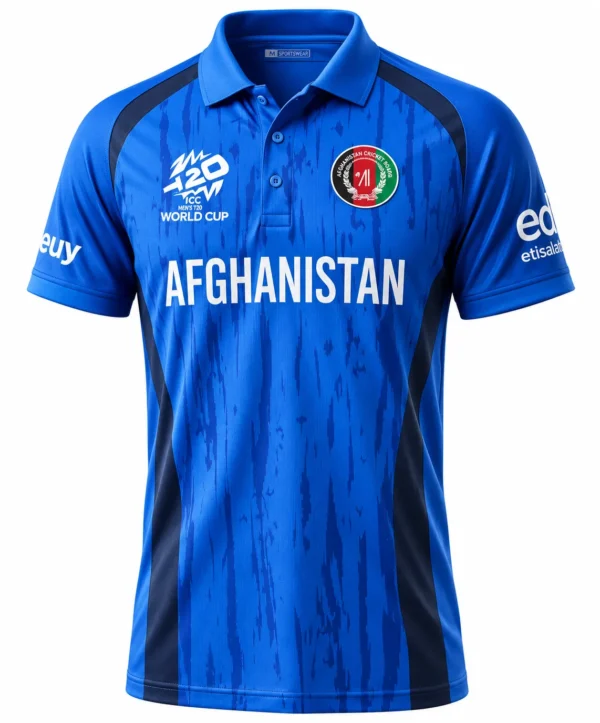 Afghanistan national cricket team blue polo jersey front view with dark side panels and ACB logo