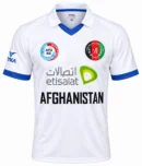 Afghanistan national cricket team white Test jersey front view with blue collar trim and ACB crest
