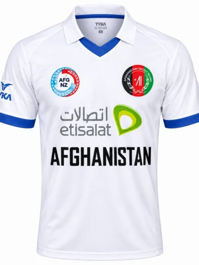 Afghanistan national cricket team white Test jersey front view with blue collar trim and ACB crest