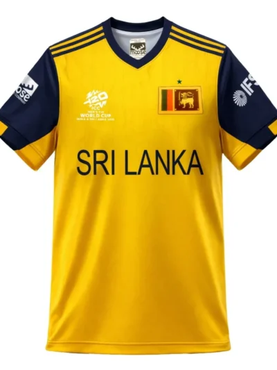 Sri Lanka national cricket team black and yellow jersey front view with lion logo and dynamic slash pattern