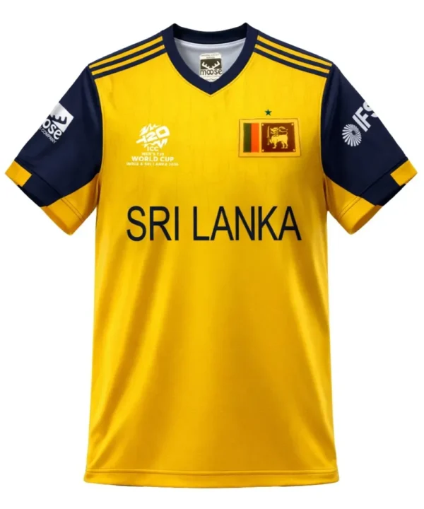 Sri Lanka national cricket team black and yellow jersey front view with lion logo and dynamic slash pattern