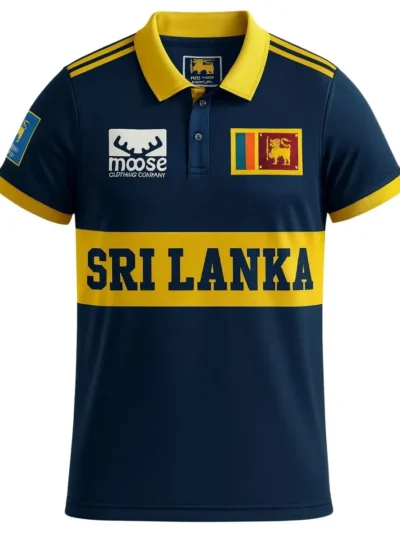 Sri Lanka national cricket team dark blue polo jersey front view with central yellow chest band and national flag logo