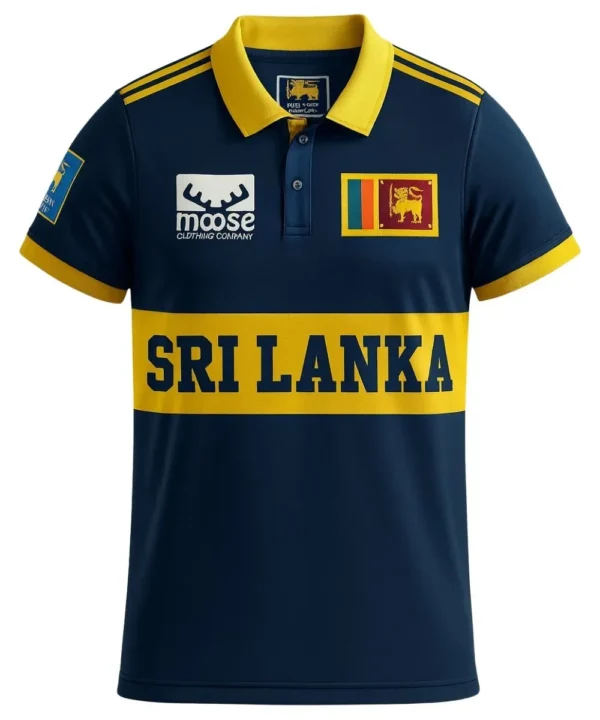 Sri Lanka national cricket team dark blue polo jersey front view with central yellow chest band and national flag logo