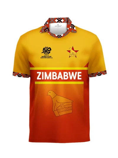 Zimbabwe national cricket team yellow and red T20 World Cup jersey front view with traditional pattern printed collar and Zimbabwe bird emblem