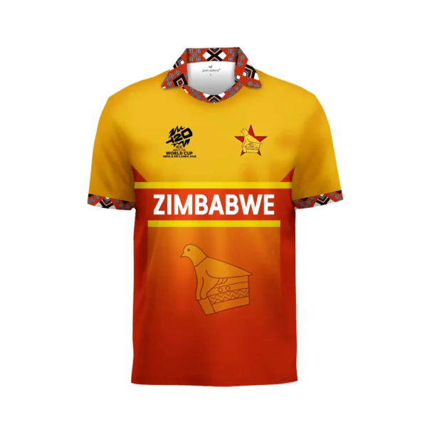 Zimbabwe national cricket team yellow and red T20 World Cup jersey front view with traditional pattern printed collar and Zimbabwe bird emblem